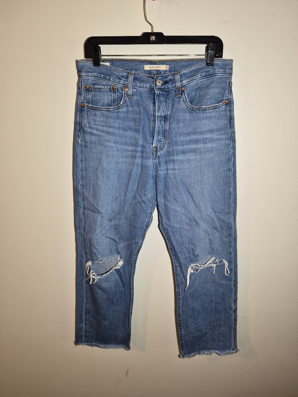 30) Levi's Wedgie Straight Button Fly High Rise Distressed Light Wash  Jeans
